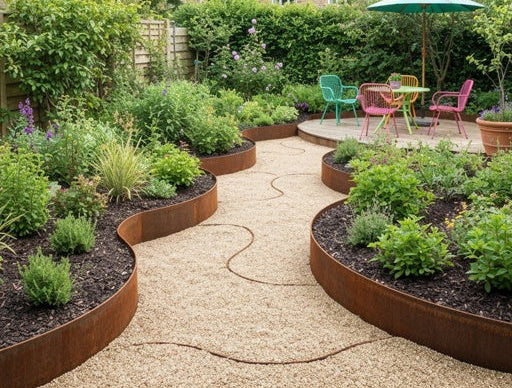 Corten steel garden edging installed along a pathway, creating clean, defined borders and adding a durable, weather-resistant feature to the landscape.