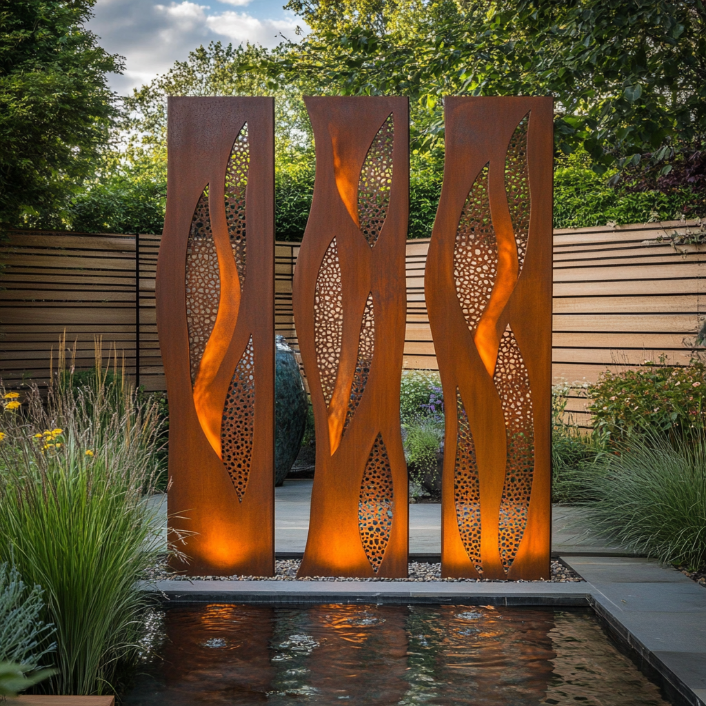 Three decorative corten steel garden screens with laser-cut patterns, positioned in front of a modern water feature to create privacy and a striking landscape focal point.