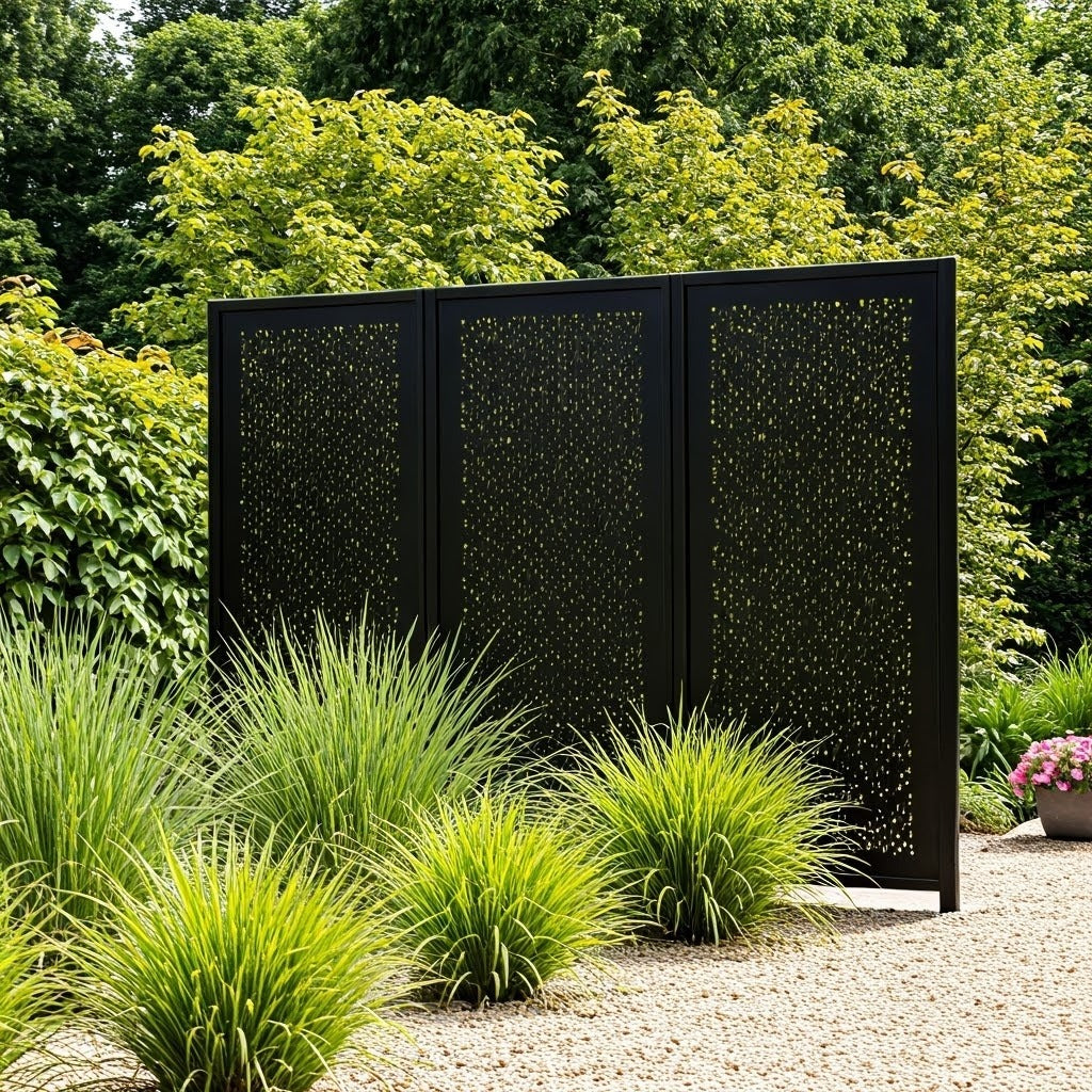 Powder-coated steel privacy screens in a backyard setting, providing a striking focal point and effective outdoor privacy for modern garden landscapes.