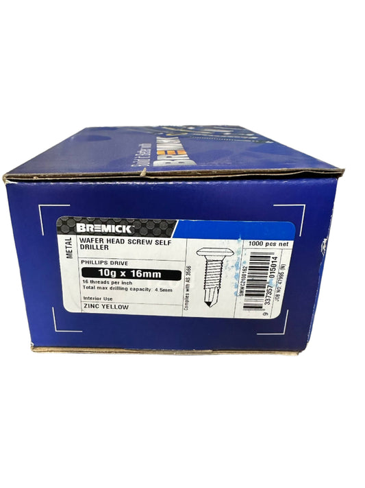 Bremick Wafer Head - 10g-16 x 16mm Metal Self Drilling Screw Zinc Yellow Phillips