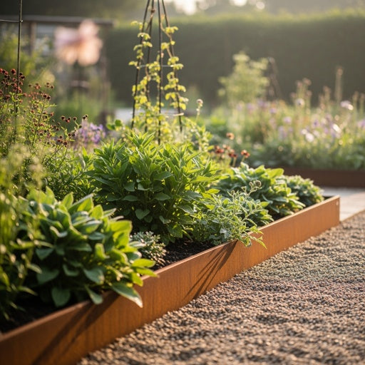 1.6mm corten steel garden edging used to define garden beds and pathways, offering a durable, weather-resistant, and low-maintenance landscaping solution.