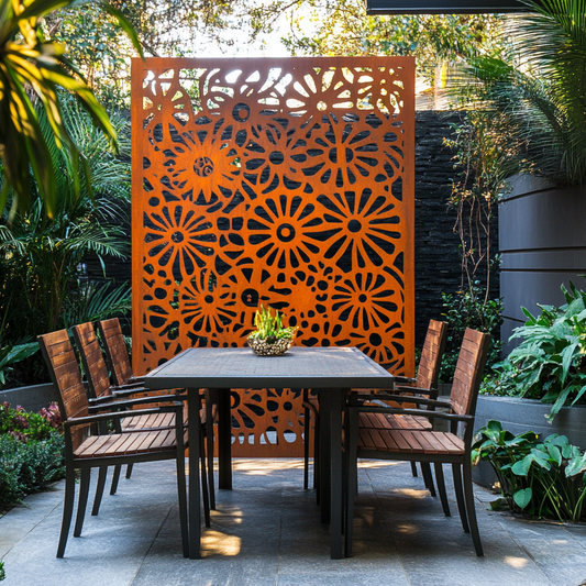 Decorative corten steel garden screen with laser-cut geometric pattern, providing privacy and a modern design feature for outdoor landscapes.