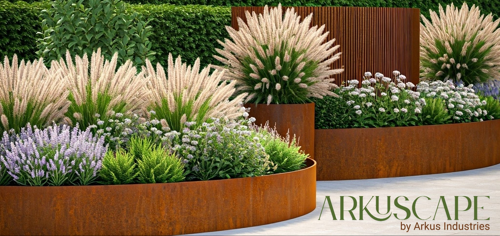 Arkus Industries Arkuscape range with corten rings, edging and planted design